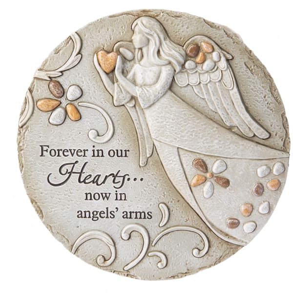 Round memorial plaque with an angel and the words "Forever in our Hearts"