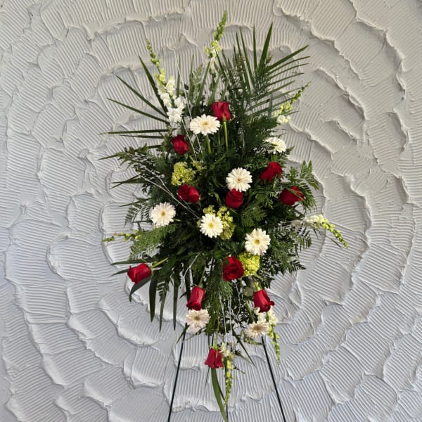 Standing floral spray with red roses and white daisies