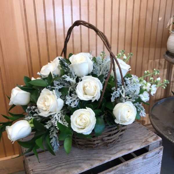White roses in a wicker basket with greenery