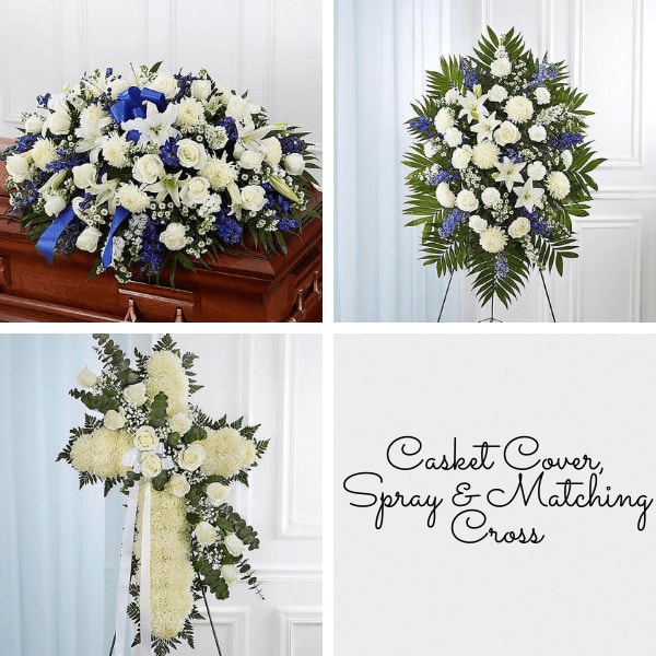 White floral funeral casket spray and standing cross arrangement with blue accents