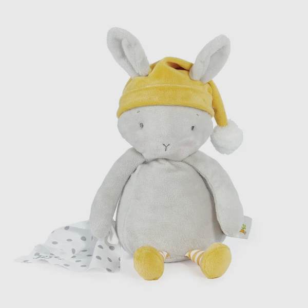 Plush bunny toy wearing a yellow hat with a polka-dot blanket