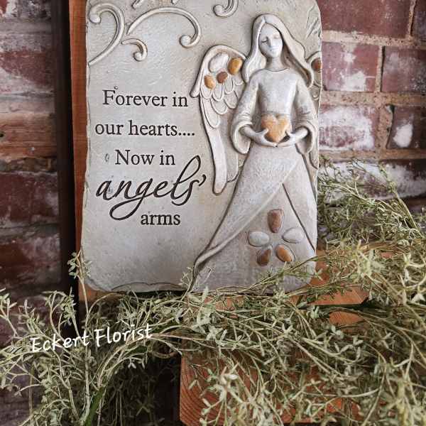 Decorative angel plaque with the words "Forever in our hearts... Now in angels arms"
