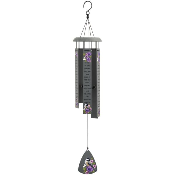 Hanging memorial wind chime with purple floral accents and a bird charm