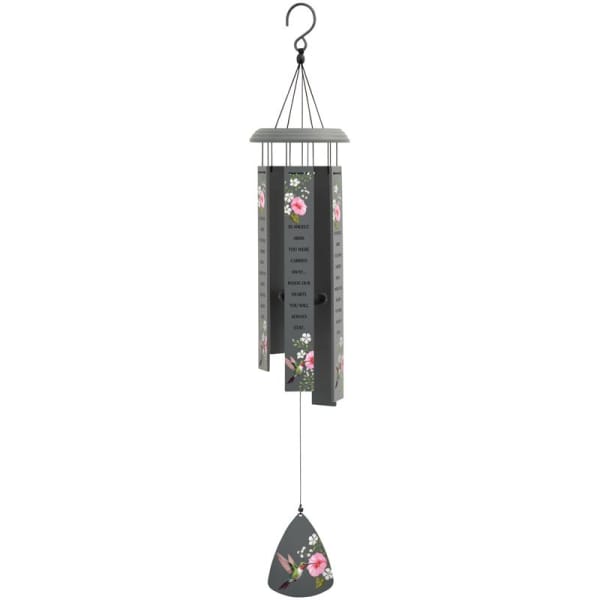 Hanging memorial wind chime with floral panels and a teardrop clapper