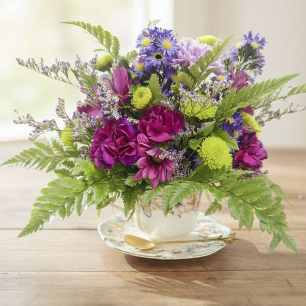 Colorful bouquet of purple and pink flowers in a teacup vase