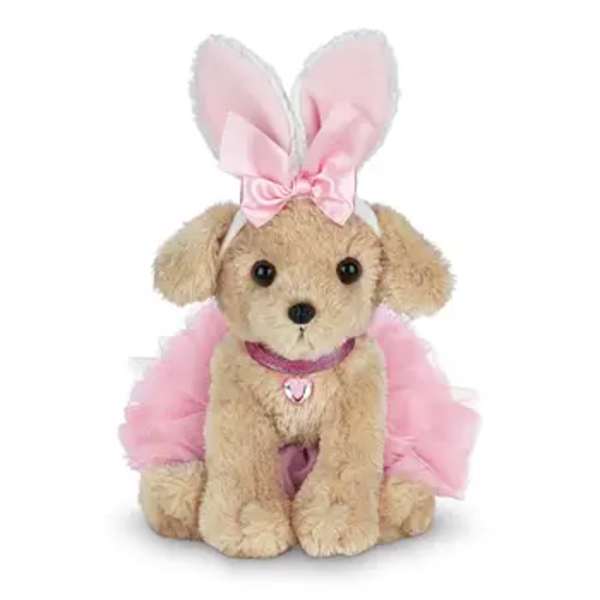 Plush puppy with pink bunny ears and a pink tutu