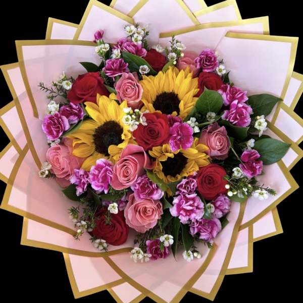 Sunflower and Rose Wrapped Bouquet