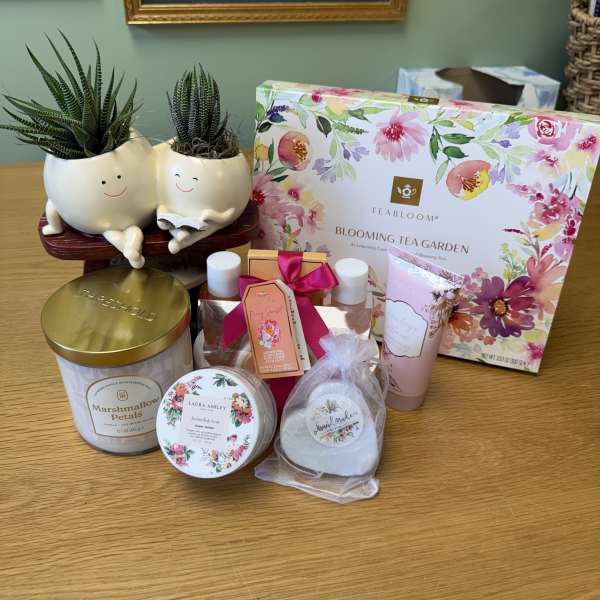 Gift set with two small potted succulents and floral bath products