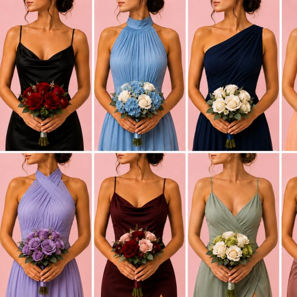Bridesmaids holding small rose bouquets in assorted dress colors