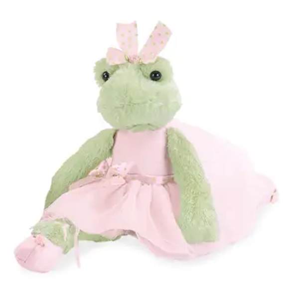 Plush green frog in a pink dress with a bow and tail