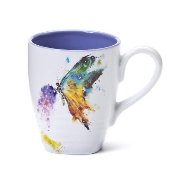 White mug with a colorful butterfly design and purple interior