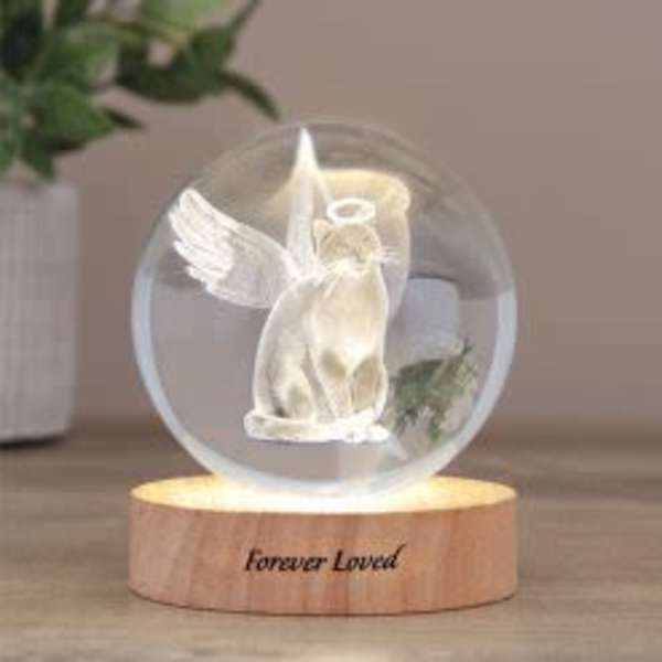 Crystal Keepsake Cat Orb with Wood LED Base
