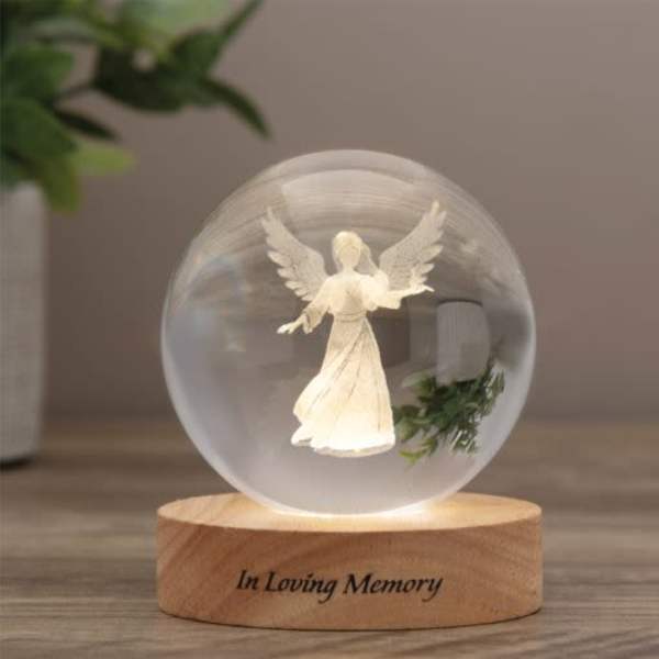 Crystal Keepsake In Loving Memory Angel Orb with Wooden LED Base