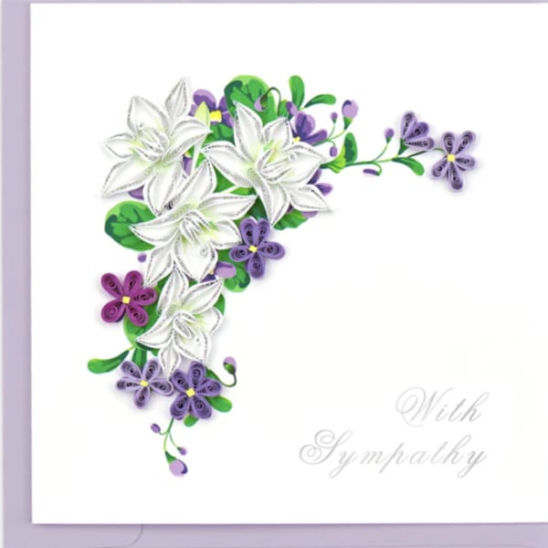 White and purple floral card with a sympathy message