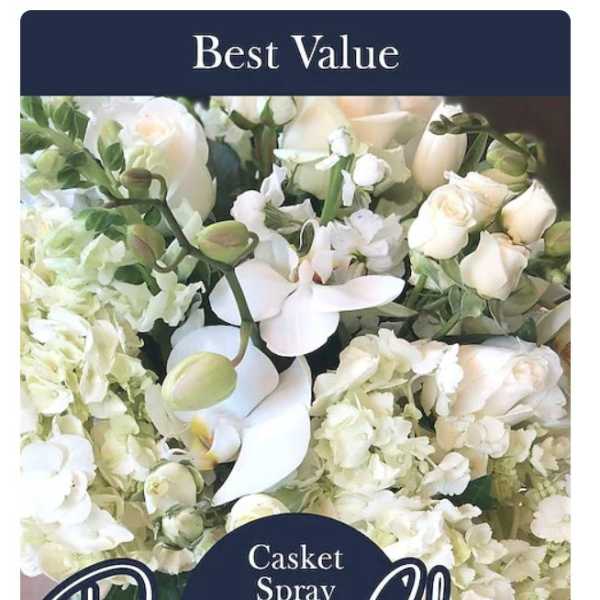 White casket spray with roses, orchids, and hydrangeas