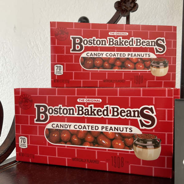 Two boxes of Boston Baked Beans candy coated peanuts
