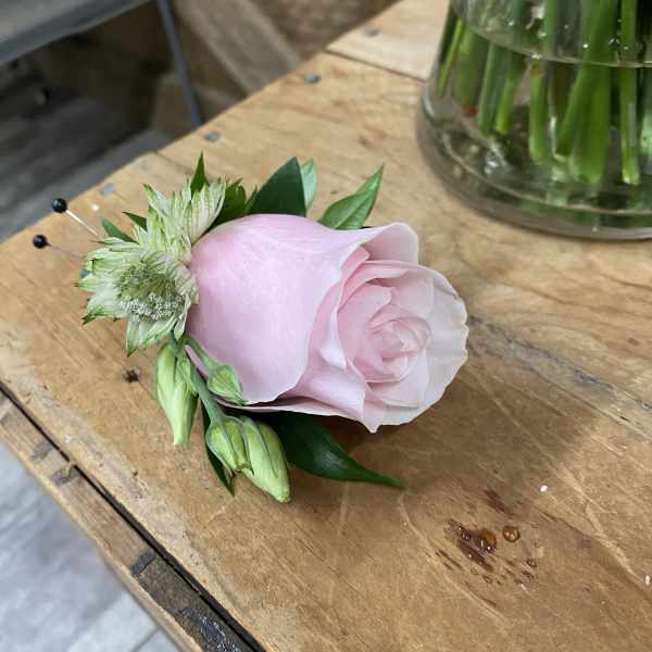 Single pale pink rose boutonniere with small white accent flowers