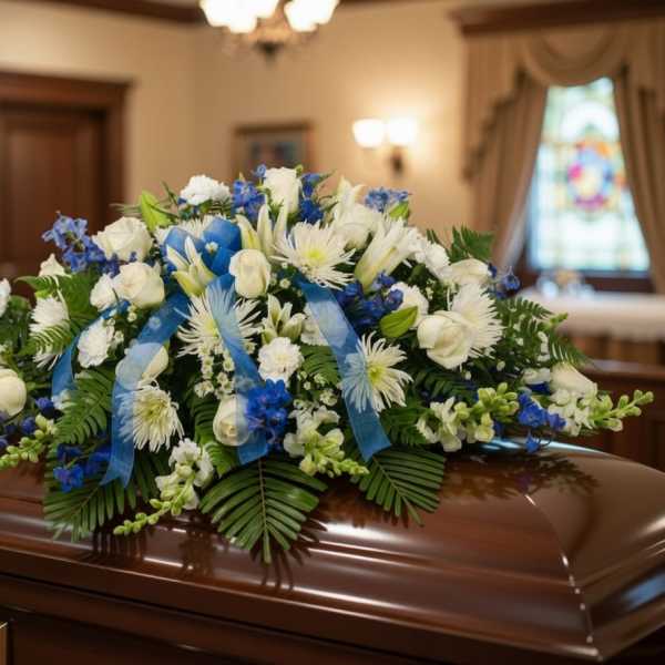 White and blue floral casket spray on a polished coffin