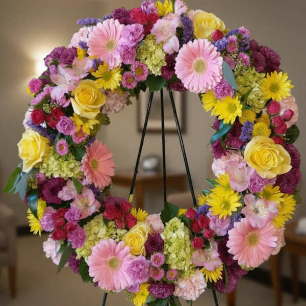Colorful floral wreath on a black stand with pink, yellow, and purple blooms