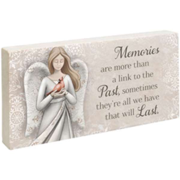 Decorative sympathy plaque with an angel holding a cardinal and memorial text