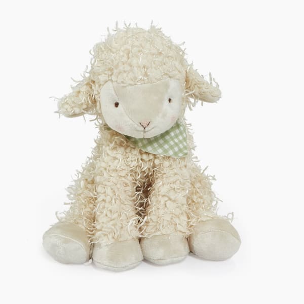 Cream plush lamb with a green checkered bandana