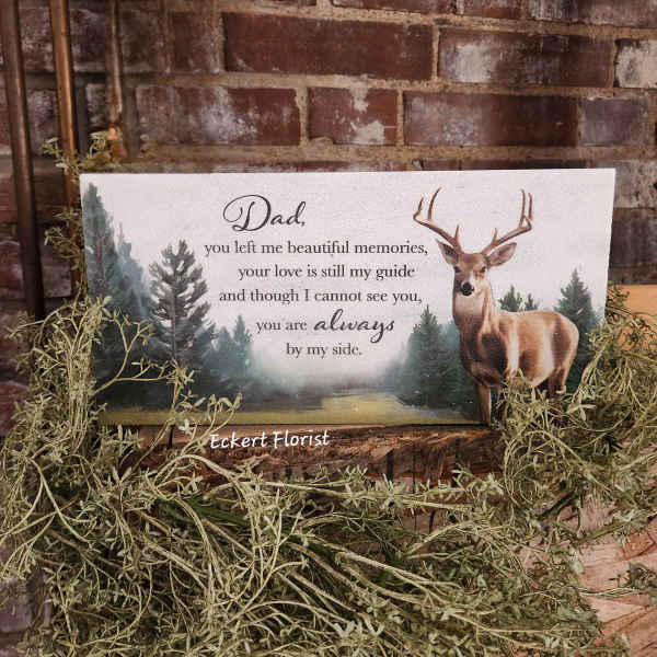 Sympathy card with a deer illustration and memorial text for Dad