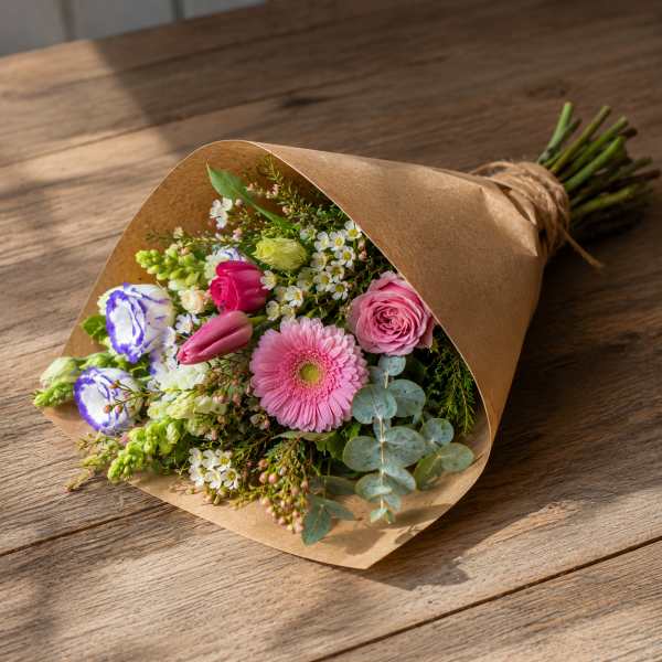 Hand-tied bouquet of pink, white, and purple flowers in brown paper