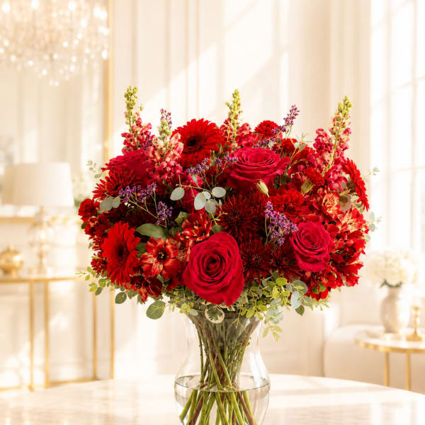 Red roses and mixed red flowers arranged in a clear glass vase