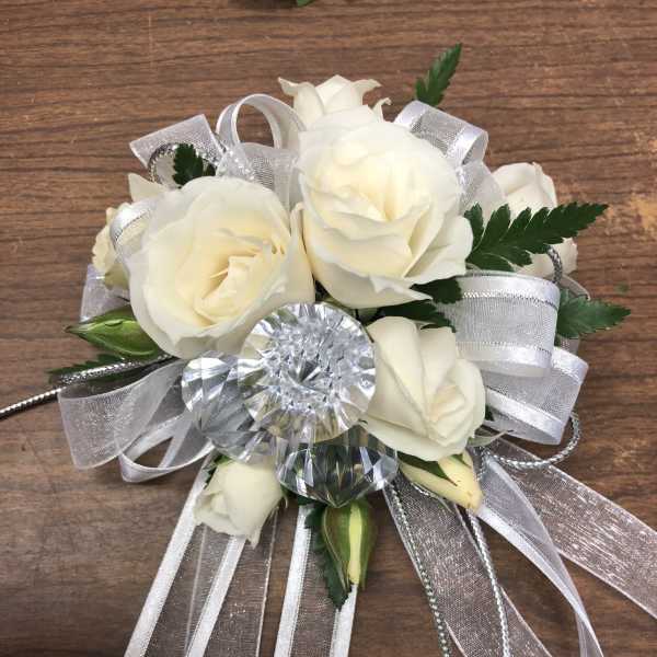 White rose bouquet with silver ribbon and crystal accents