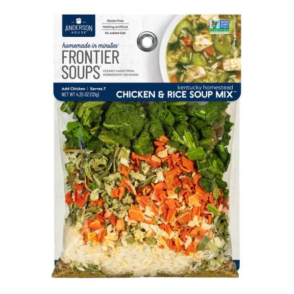 Package of chicken and rice soup mix with dried vegetables and rice