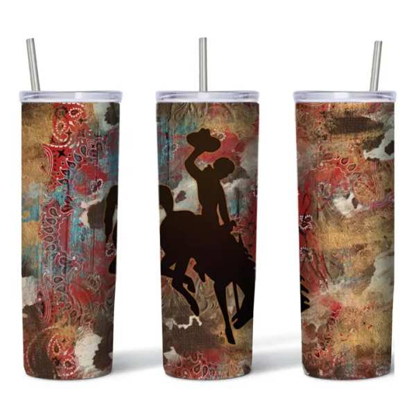 Three patterned travel tumblers with lids and straws