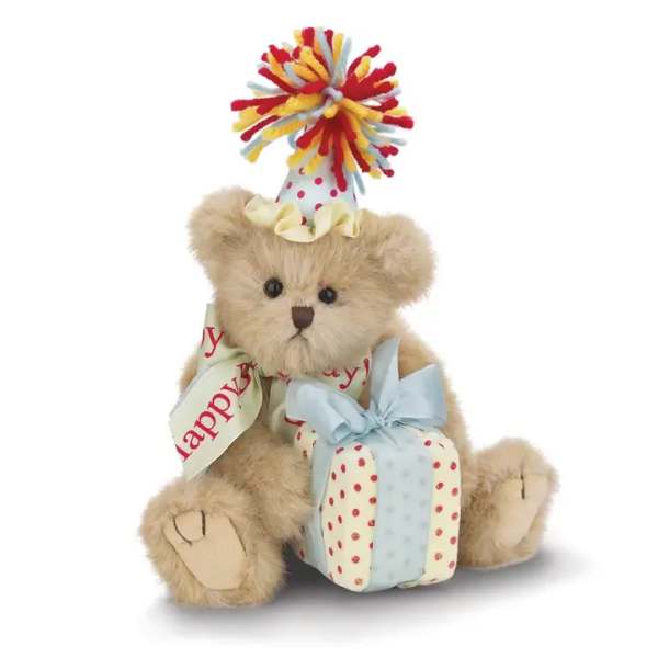 Teddy bear wearing a party hat and holding a wrapped gift