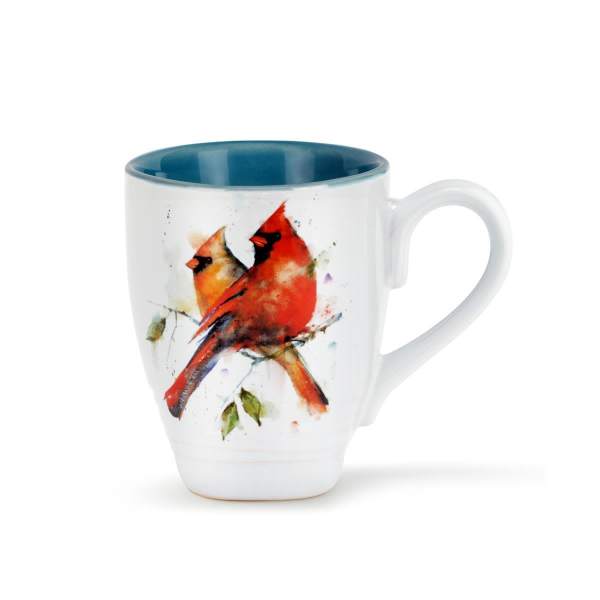 White mug with a painted red bird design and blue interior