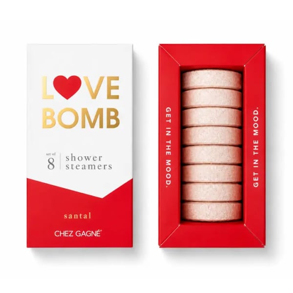 Boxed set of shower steamers in red and white packaging
