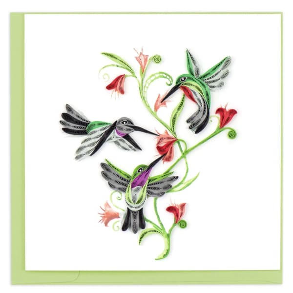 Quilled hummingbirds with red flowers on a white card with a green border