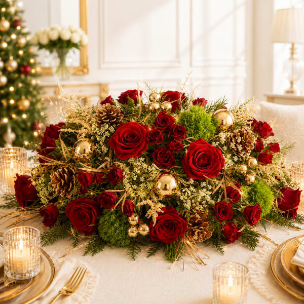 Red rose centerpiece with pinecones and gold ornaments on a table