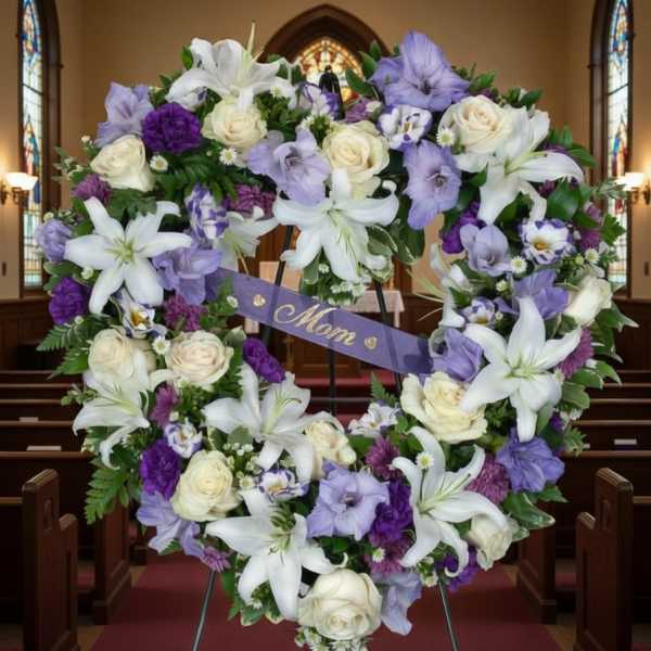 Heart-shaped floral wreath with white lilies, roses, and purple blooms
