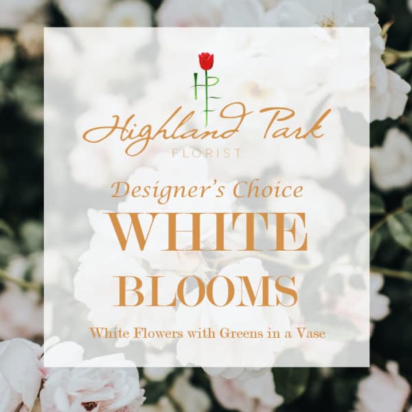 White flower arrangement with a florist logo and text overlay