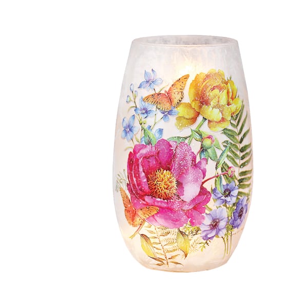 Floral-patterned frosted glass vase with butterflies