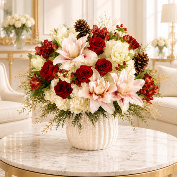 Red roses and pale lilies in a white vase with pinecones and berries