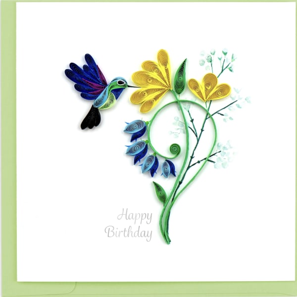 Quilled hummingbird and flowers on a birthday card