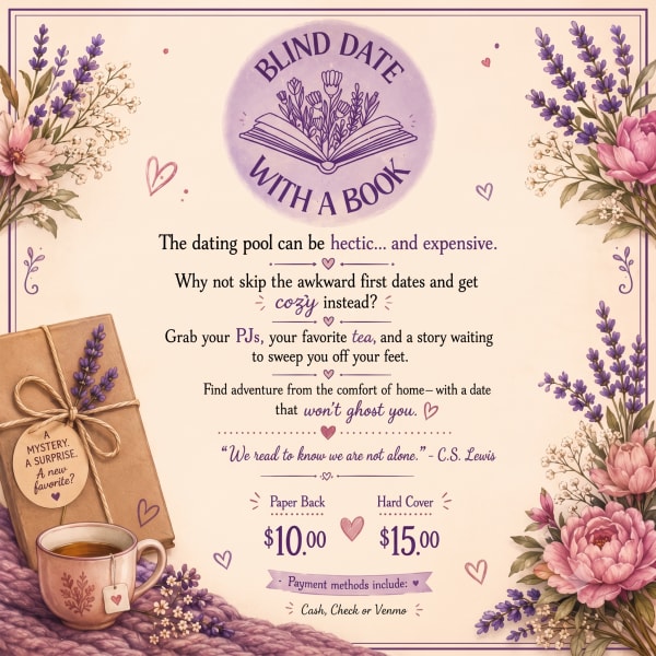Promotional poster with floral borders, a book icon, and a wrapped gift box with a mug