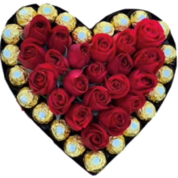 Heart-shaped box of red roses surrounded by gold-wrapped chocolates