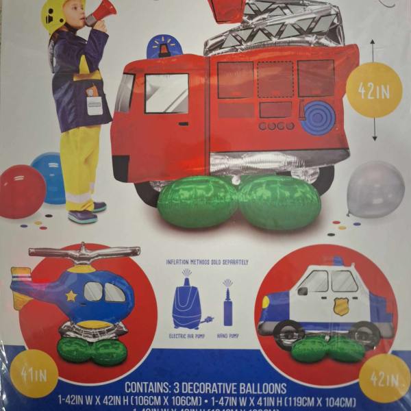 Package of three decorative air balloons shaped like vehicles and a child firefighter
