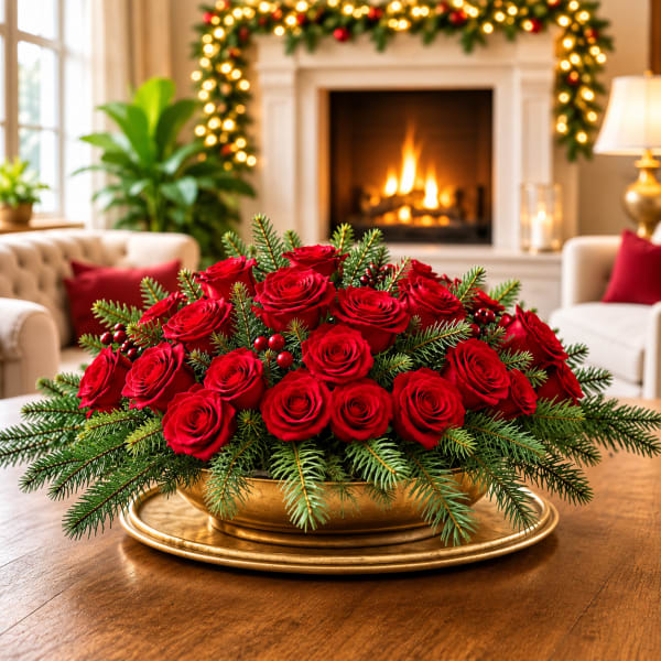 Red roses arranged in a gold bowl with evergreen branches and berries
