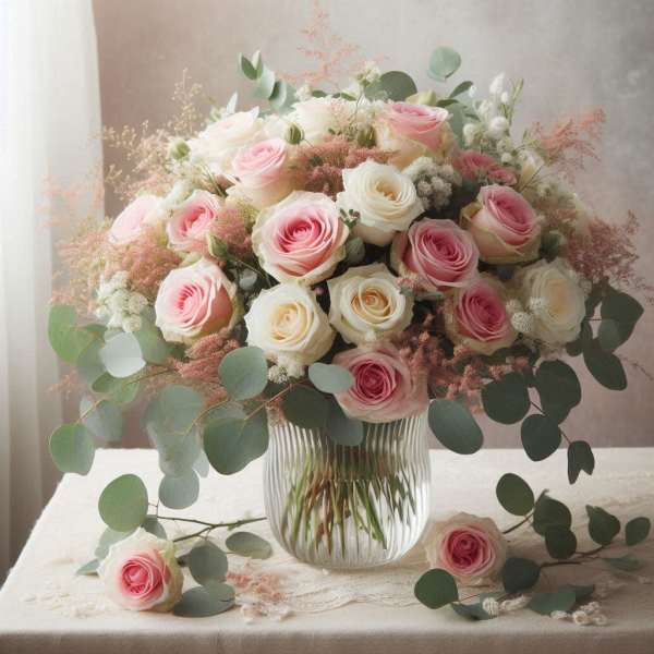 Pink and white roses arranged in a clear glass vase with round eucalyptus leaves