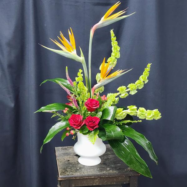 Tall tropical arrangement with red roses and bird of paradise in a white vase