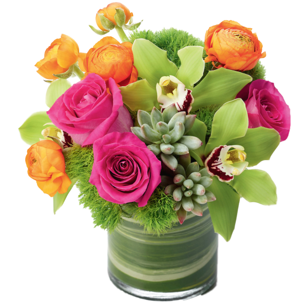 Pink roses and orange ranunculus in a glass vase with succulents