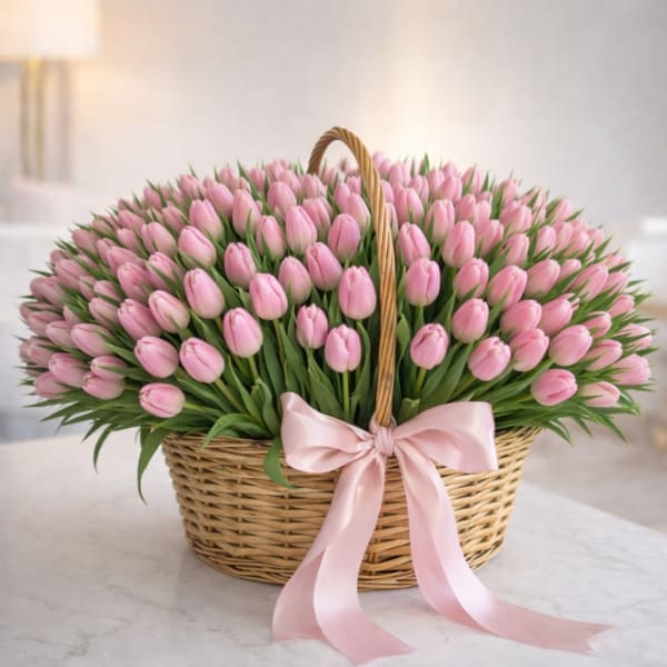 Basket of pink tulips with a pink ribbon bow