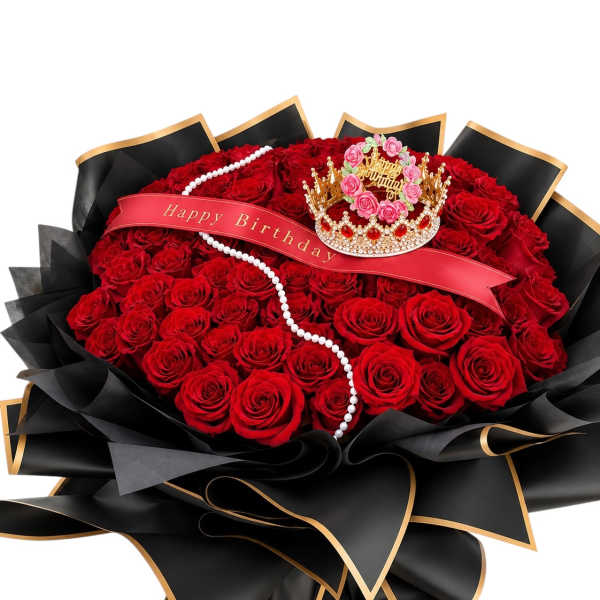 Large bouquet of red roses with a birthday ribbon and crown decoration